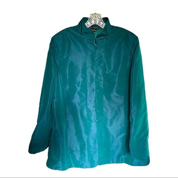ELLEN Tracy Linda Allard Metallic Silk Blazer Jacket Green Mandarin Womens 16 - Picture 1 of 11
